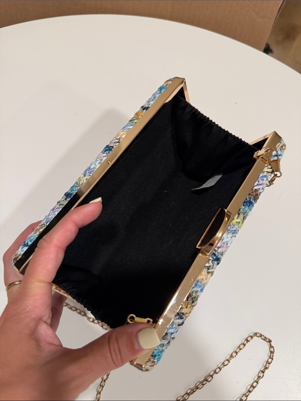Woven Multicolor Straw Clutch with Gold Chain - Picture 2 of 2